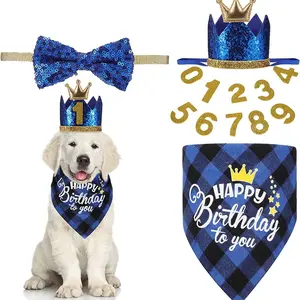 Birthday Themed Pet Bandana, 4 Counts/set Crown Hat Pet & Neck Accessories, Pet Birthday Party Decoration Supplies, Pet Decorations, Costume Outfits