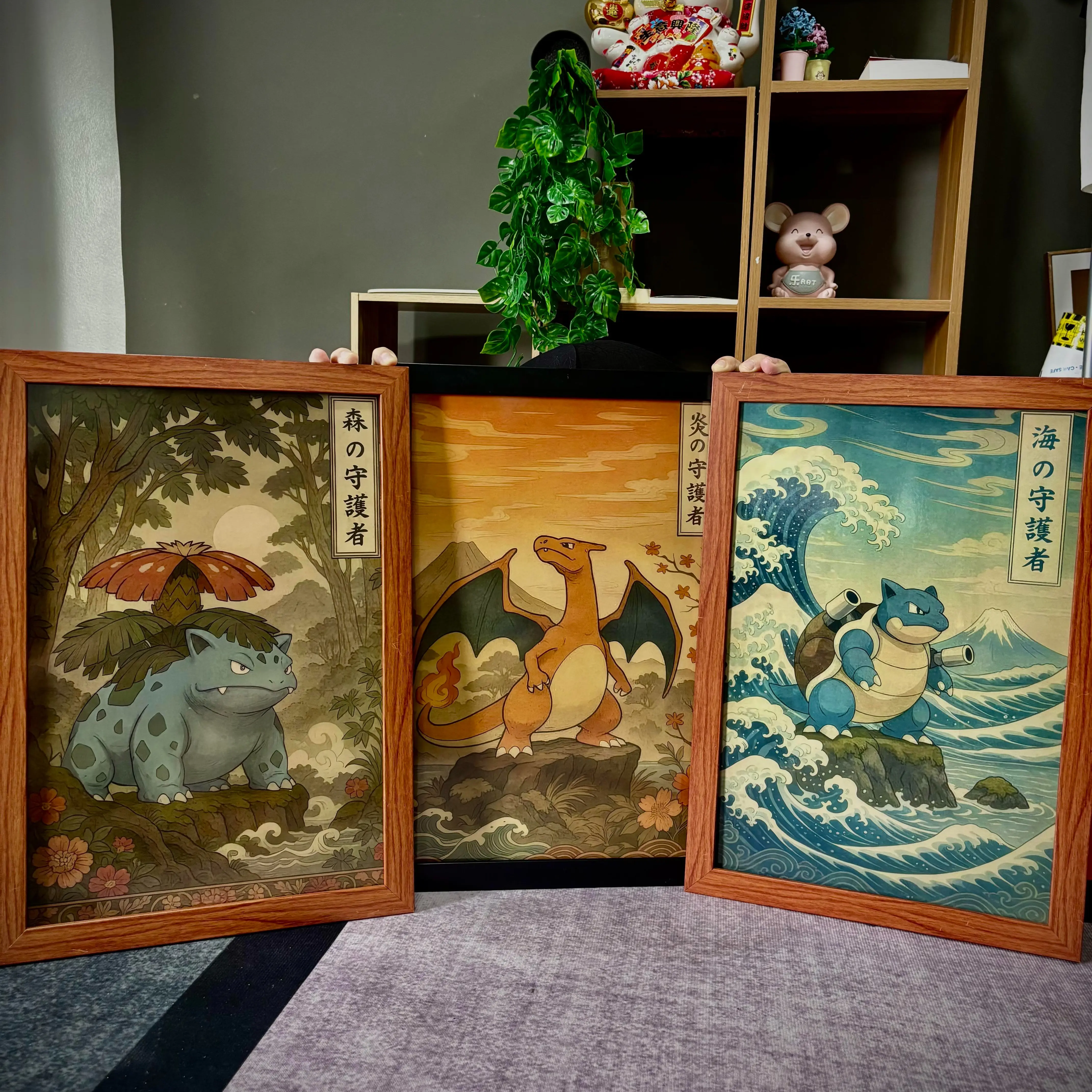 Set 3 Kanto Starters Poster Featuring Charizard, Venusaur & Blastoise, Retro Anime Wall Art for Game Room or Kids Space, Unframed Wall Art, Home Decor