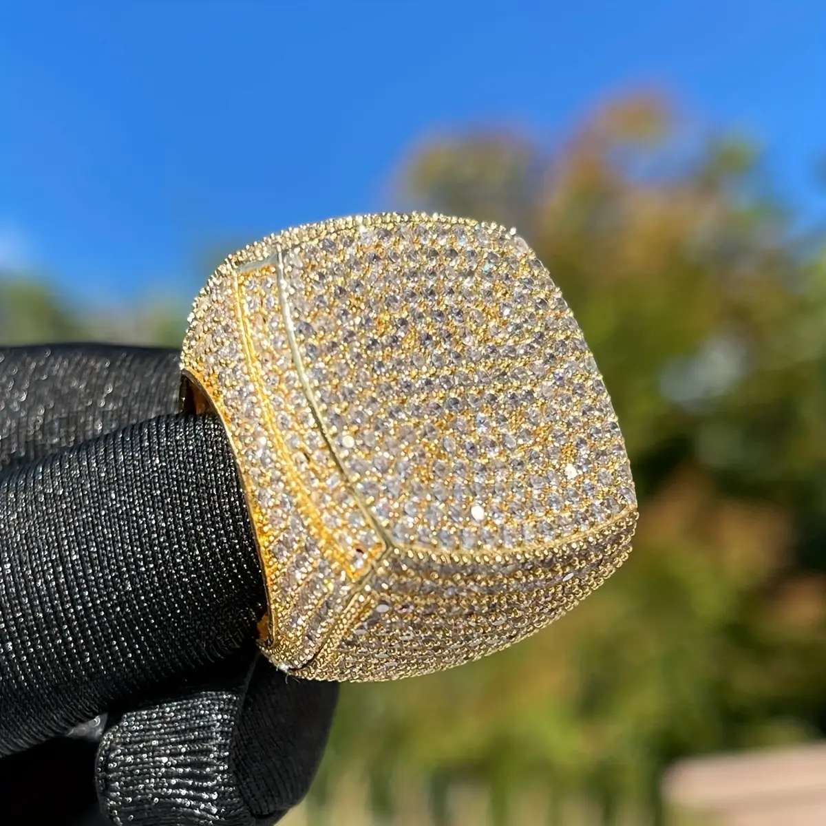 European and American hip-hop men's full diamond square ring exaggerated ins brass 5A zircon Cz Stones Chunky Statement Ring Elegant Everyday Ring