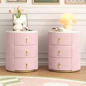 [SOIYELIFE] 2 Set Upholstered Nightstand with 3 Drawers, Round Bedside Table with Metal Handles,Marbling Stickers Top Night Table for Bedroom, Fully Assembled Except Handles, Pink Cool furniture storage  with  style