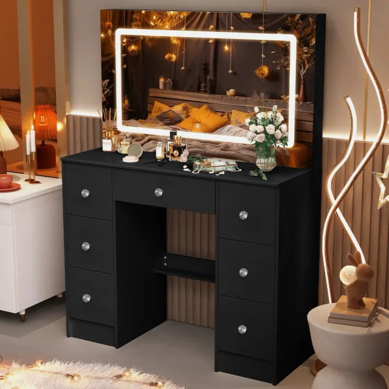 7 Drawers Vanity Table Set Makeup Dressing Table Desk with Large LED Mirror