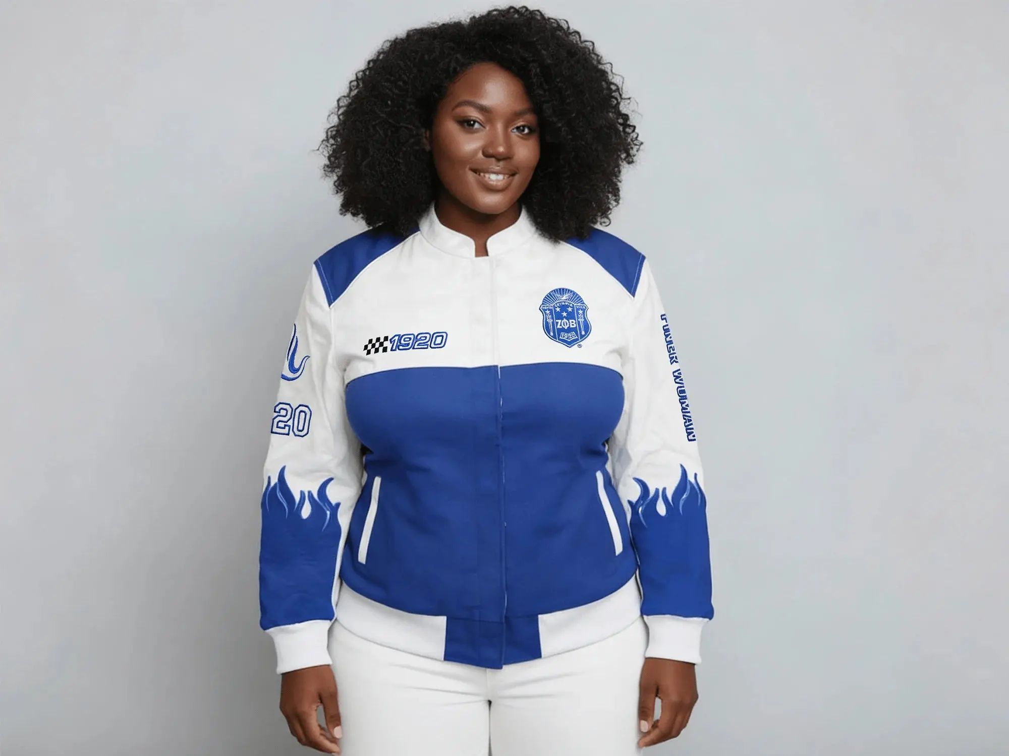 Royal Blue and white Flame Race Jacket, Zeta Phi Beta Racing Bomber Jacket, Women’s Sorority Gift & Racer Outfit