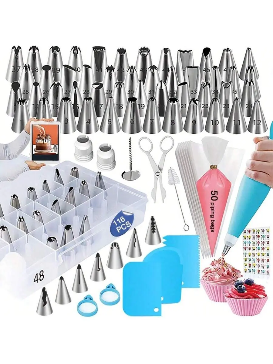 116-Piece Stainless Steel-Plastic Bake Decorating Tools Kit - 55 Piping Tips, 50 Piping Bags, 3 Spatulas, Storage Box - Halloween Party Kitchen Bakeware for Cakes, Cookies, 116 Pieces