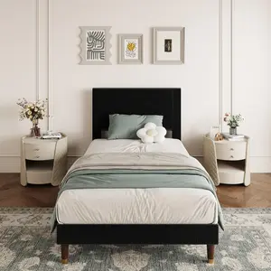 Garvee Twin Platform Bed Frame with Headboard, Comfy Corduroy Upholstered Bed Frame with Wooden Slats Support, No Box Spring Needed, Noise Free & Easy to Assemble, Corduroy Platform for Bedroom, Black