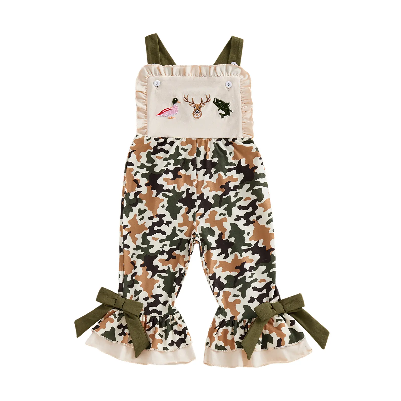 Girl Toddler Baby Girls Clothing 100% Polyester Skin-Safe Fabric Hunting Camo Suspender Overalls Romper Jumpsuit, Mallard Duck Accents, Ruffles, Sleeveless, Flared Bell Bottoms Outfit, Sweet Look