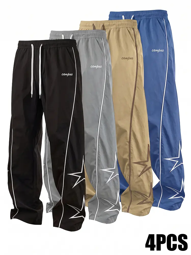Men’s casual trendy straight-leg pants, 4-pack – drawstring adjustable, loose fit with 3D cutting to flatter the leg shape; comfortable and breathable, prevents overheating and sweat buildup; street-style athletic casual trousers.