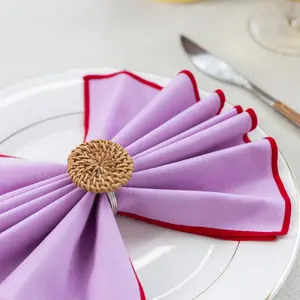 Linen Napkin with Contrast Color Lockstitch Edging, Pink Body with Red Trim, 17 Inch Cloth Dinner Napkins