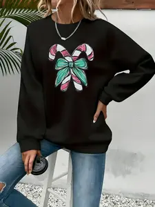 Women'S Elegant Bowknot Sweater - Long Sleeve Round Neck Pullover with Pink & Green Bowknot Pattern, Loose Fit Casual Winter Sweater for Everyday & Formal Outfits, Sweater, Winter Clothing, Geometric