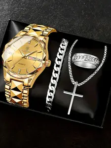 Men's Business Round Dial Quartz Watch & Jewelry Set, Including Wristwatch & Ring & Pendant Necklace & Bracelet, Fashion Watch for Party, Daily Decor, Exquisite Watch Set for Gift