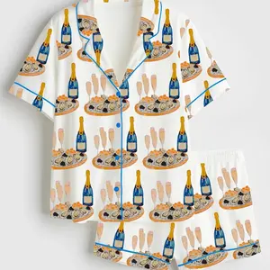 Champagne Caviar Satin Pajamas Luxury Sleepwear Short Sleeve Silky Pjs Foodie Loungewear Cute Matching Pajama Set Birthday Gift for Her