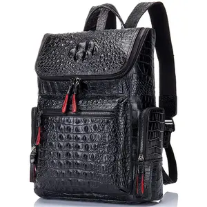 FR Fashion Co. Luxurious Leather Men's 13" Crocodile Embossed Design Backpack with Zipper Closure & Six Pockets for Work