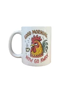 Funny Grumpy Rooster Coffee Mug, 'Good Morning Now Go Away' Ceramic Cup, White, 11 oz