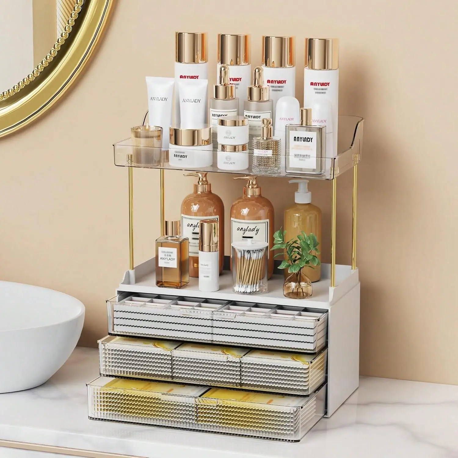 summerwins Sturdy Heavy-Duty Modern Metal Bathroom Organizer - Dustproof Compartment Countertop Storage for Cosmetics, Skincare, Perfume, Makeup Box, Kitchen Home Supplies, Gold Drawer Insert, Ideal Gift,summerwins Steel