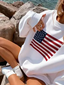 Casual Women's White Sweatshirt With American Flag Print Rib-Knit Round Neck Long Puff Sleeves And Regular Length American Flag Clothes Women Usa Sweater American Flag Sweater Women Jumpers Women Sweatshirt