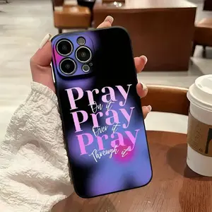 Pray On It gradient purple-black pattern, drop-proof and non-slip TPU full-coverage lens phone case, compatible with iPhone 17, 16, 15, 14, 13, 12, 11, XS, X, Samsung and other models. Makes a great gift for friends or family.