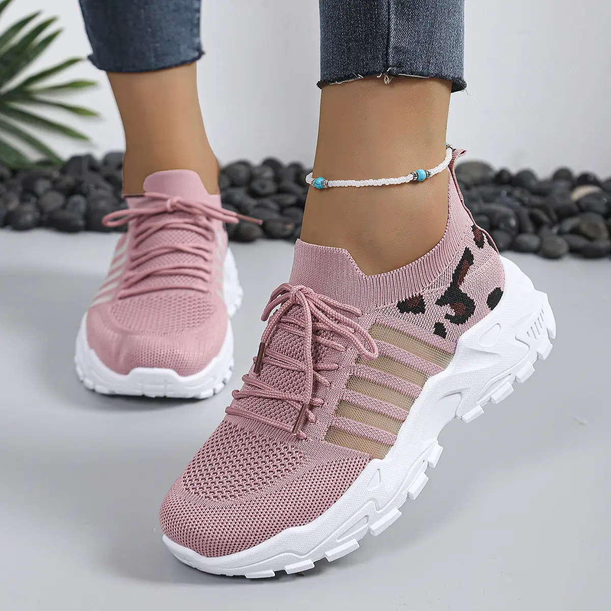 Women's Chunky Platform High Top Sock Sneakers - Leopard Print, Breathable Stretch Knit Fabric Cloth Upper, Soft Cushioned Thick Sole, Non-Slip Outsole, Height Increasing, All-Day Comfort Chunky Athletic Shoes for Daily Outfits, Commute, All Seasons