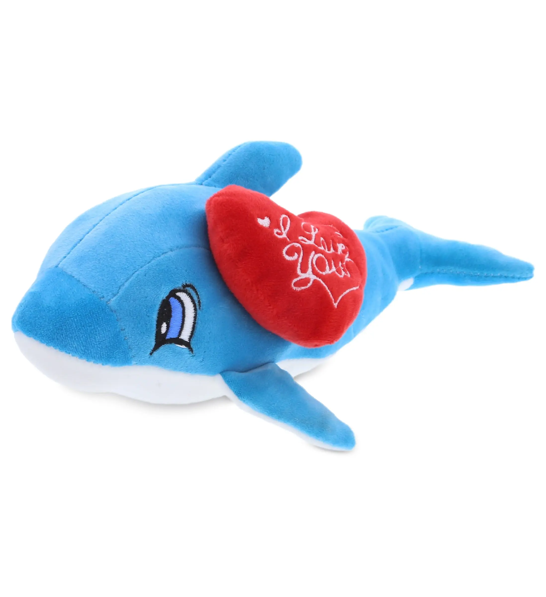 DOLLIBU Baby-Soft Blue Dolphin Stuffed Toy - 11.75 in Red Heart Embroidered Plush, Unisex Accent, Valentine's/Birthday Gift for 0-12 Years, Polyester, Surface Wash Cold Water, Ideal for Boyfriend