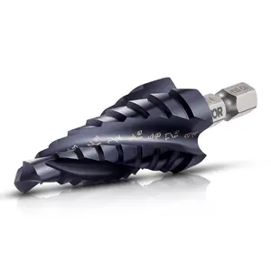 Multi-Material Step Drill Bit, 1/4-3/4 in Size Range, 1/4 Hex Shank, TiAlN Coated Cobalt HSS, 4 Spiral Flute, for Metal, Wood, Plastic