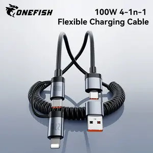 ONEFISH 4-in-1 Coiled Universal USB Charger Cable-100W Fast Charging & Data Sync for iPhone , iPad Pro, Samsung Electronic