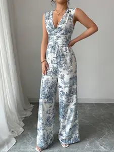 Women's V Neck Printed Floral Jumpsuit, Elegant Sleeveless Wide Leg Summer, Perfect for Daily Wear, Stylish Ladies' Clothing