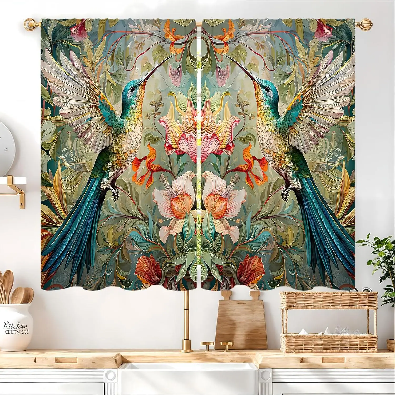 Vintage William Morris Floral Hummingbird Cafe Curtains, 2-Panel Rod Pocket Drapes (27.5W x 39L in) - Cottagecore, Colorful, Retro Botanical Bird & Leaves Design for Kitchen/Bath Small Short Tiers, Cottagecore Style, Colorful Curtains