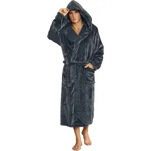 Mens Hooded Robe, Plush Robes Men Long Fleece Bathrobe
