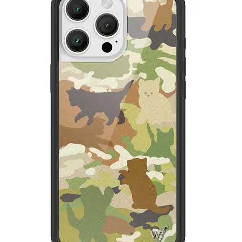 Wildflower Cases Limited Edition Cat Camo Custom iPhone Case - Shockproof, Durable Protection Cover with Raised Black Bumper, Silver Emblem Accents, Black Brown Green White Cat Figures, Screen Protection, Women's Owned Small Business, Cute Aesthetic