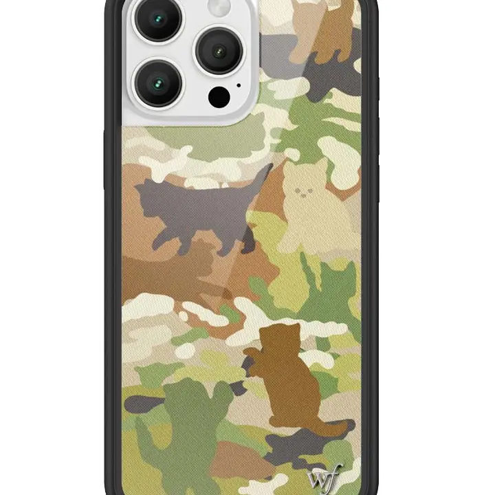 Wildflower Cases Limited Edition Cat Camo Custom iPhone Case - Shockproof, Durable Protection Cover with Raised Black Bumper, Silver Emblem Accents, Black Brown Green White Cat Figures, Screen Protection, Women's Owned Small Business, Cute Aesthetic