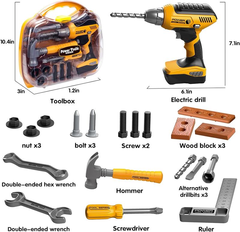 Kids Tool Set with Toolbox & Electronic Drill, Pretend Play Construction Kit for Toddlers 3-5, Toys for Boys Ages 4-6, Kitchen Mama Toy Tools Included