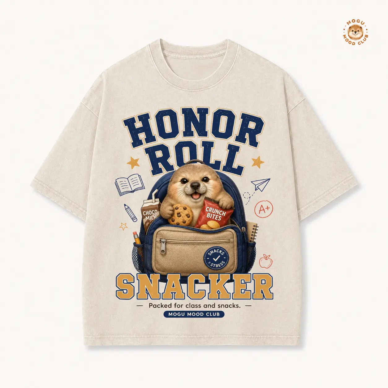 Oversized Fun Graphic T-Shirt for Students, Cute Otter Inside Backpack with Cookies & Chocolate Milk Print, Honor Roll Snacker Theme, Casual School Tee, Soft Breathable Cotton, Great for Class Days, Snack Lover Casual Wear, Trendy Back-to-School Top