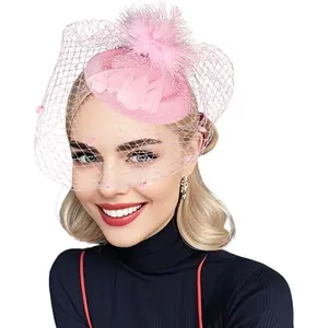 Fascinator Hats for Women Tea Veil Feather Fancy Pillbox Hat 20s 50s