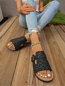 Women's Summer Fashion Thick Sole Sandals, Strappy Metal Buckle Decorative Open Toe Slides, Lightweight Comfortable Soft Sole Non-slip Wear-resistant Outdoor
