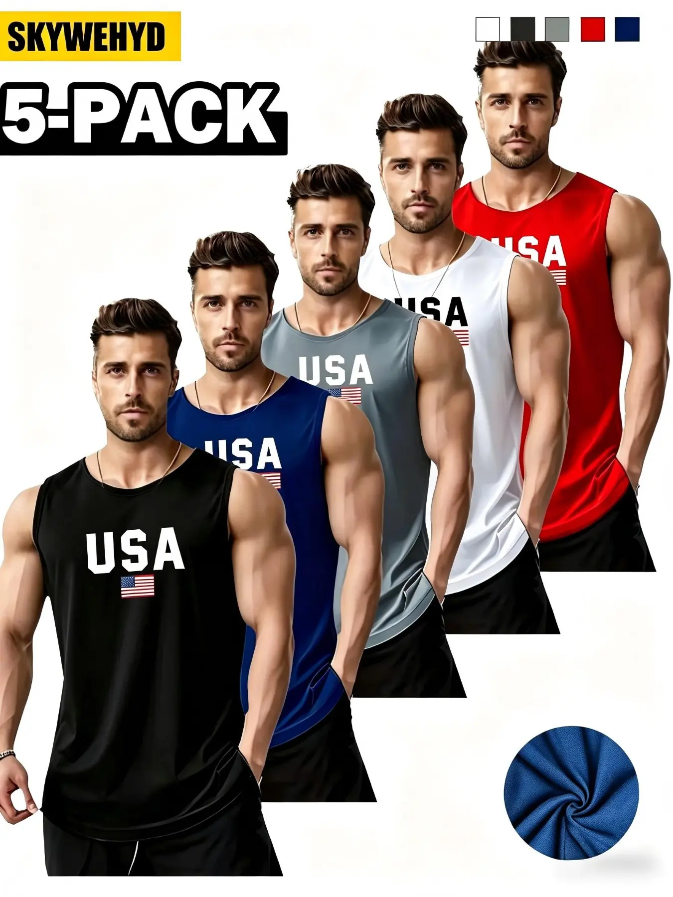 5-Pack Men's Sleeveless Round Neck Tank Tops, Usa Flag Trendy Style, Lightweight Comfortable Quick-Dry Breathable Sports Fitness Apparel Tanks, Casual Solid Color Shirts, Summer Wear, Athletic Tanks, Sporty Vest, Sleeveless Sports Vests