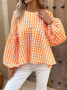 Women's Gingham Print Long Sleeve Blouse, Casual Round Neck Top for Spring & Fall, Women's Clothing for Daily Wear, Casual Classy Top