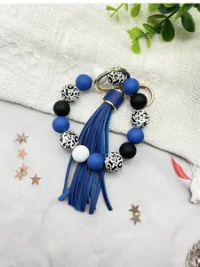 Women Leopard Print Wooden Bead Keychain Charm Bracelet, Silicone Beaded Fringe Pendant, Phone Accessory, Bag Decoration Gift