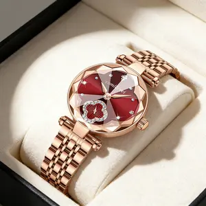 Women's Luxury Rose Gold Quartz Watch - Red Clover Dial with Crystal Accents, Diamond Flower Detail, Stainless Steel Band, Elegant Dress Wristwatch, Perfect Gift for Her