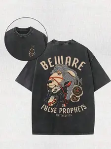 Vintage Christian Tattoo T-Shirt, Beware of False Prophets Matthew 7:15 Washed Black Cotton Oversized Short Sleeve Tee, Retro Wolf In Sheep's Clothing Graphic Casual Crewneck Shirt