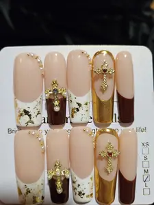 Medium-Length Press-On Nails with Glossy Finish Nude Pink Gold Foil 3D Cross Embellishments & Metallic Gradient