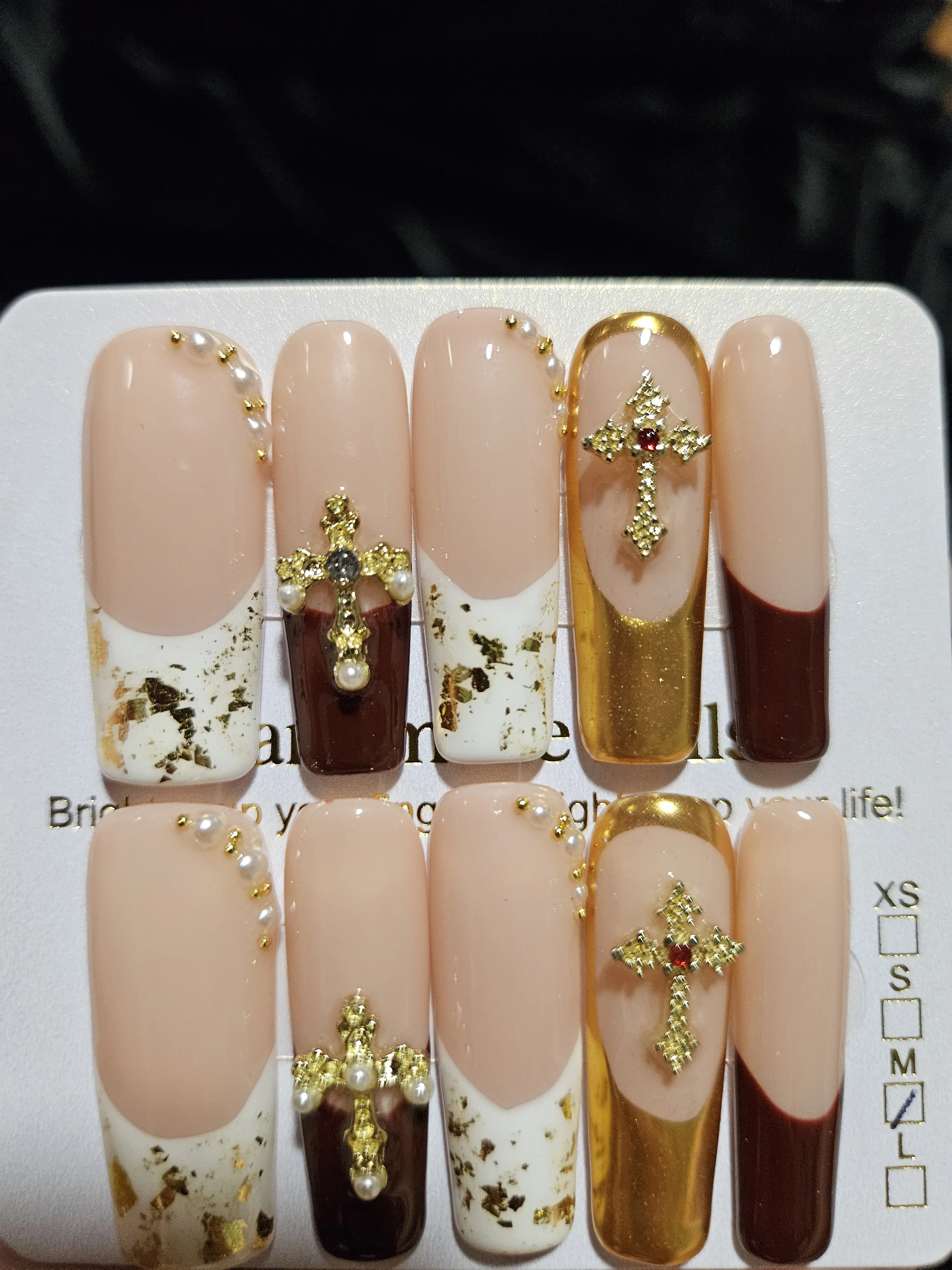 Medium-Length Press-On Nails with Glossy Finish Nude Pink Gold Foil 3D Cross Embellishments & Metallic Gradient