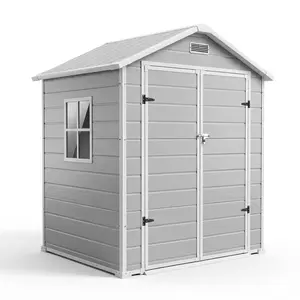 Heavy-Duty Plastic Outdoor Storage Outdoor Storage 6x4 FT with Floor – Waterproof, Lockable, Sloped Roof, Window – Garden Storage for Patio, Lawn Mower, Bikes, Tools – Light Gray