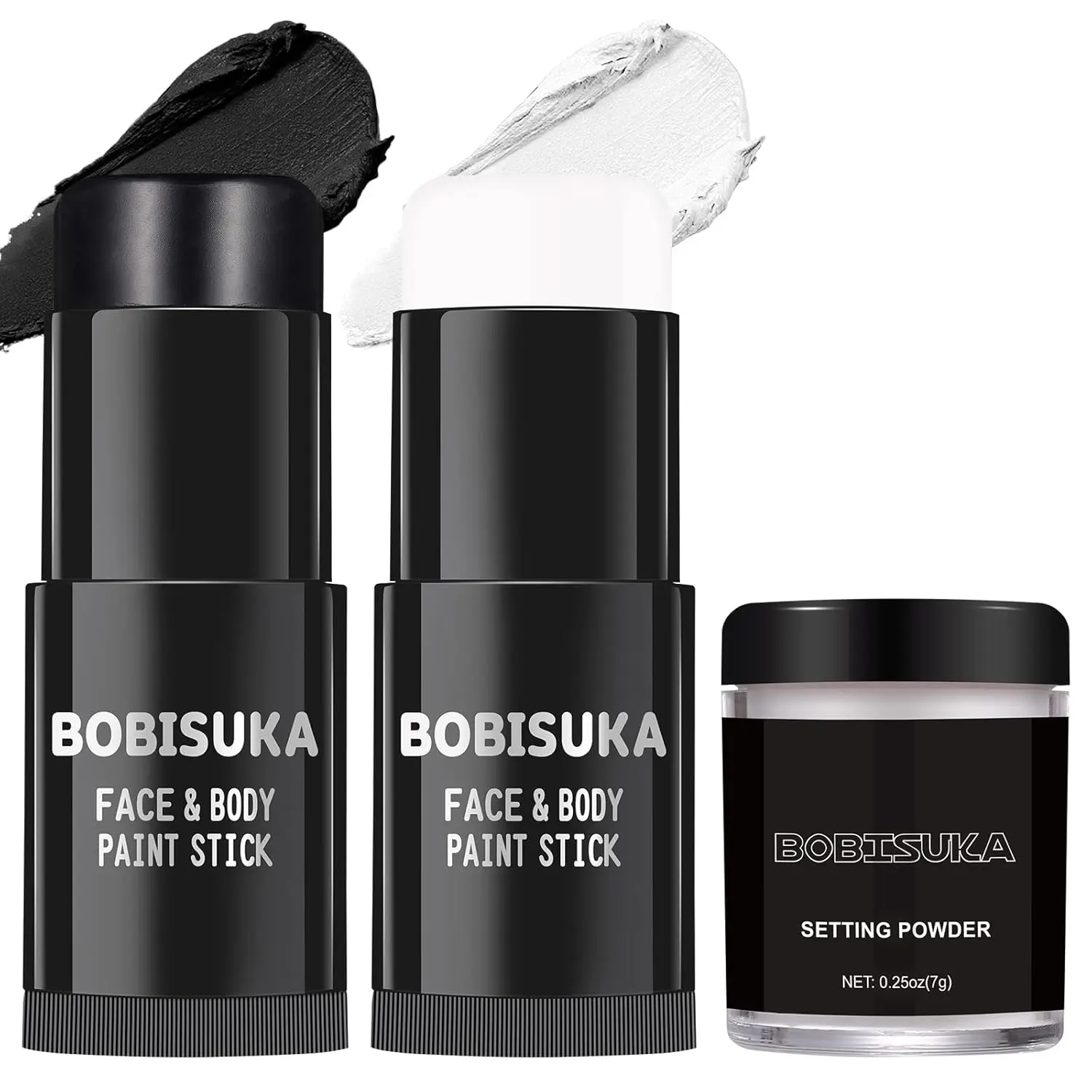 BOBISUKA Face Paint Kit with White Setting Powder, Black & White Face Body Cosmetic Sticks, Youth Beauty Products for Clown Halloween Makeup, Color Correction Cosmetics Makeup