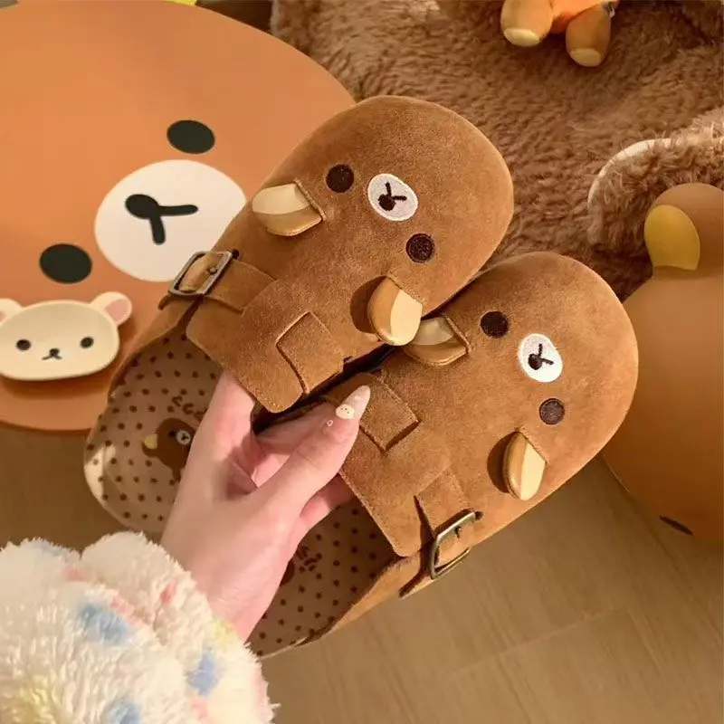 Y2K Rilakkuma Slippers Kawaii Cartoon Anime Japan All Inclusive Cow Suede Indoor Home Flat Anti Slip Breathable Couple Slippers