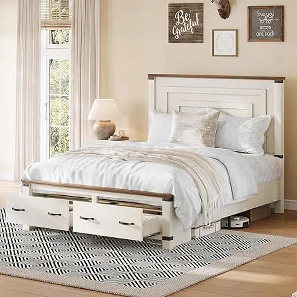 Amerlife Full Size Sturdy Wood Platform Bed Frame - Farmhouse Modern Heavy-Duty Bed with 54" Tall Geometric Wooden Headboard, Rustic Finish, Footboard, Large Drawers, Wood Slats Support, No Box Spring Needed, Christmas Gift Idea, Modern Wooden Headboard