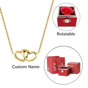 Red Eternal Rose Box Engraved Necklace Real Rose Gift Box Heart Shape Custom Letter Necklace Luxury Jewlry Gift for Women