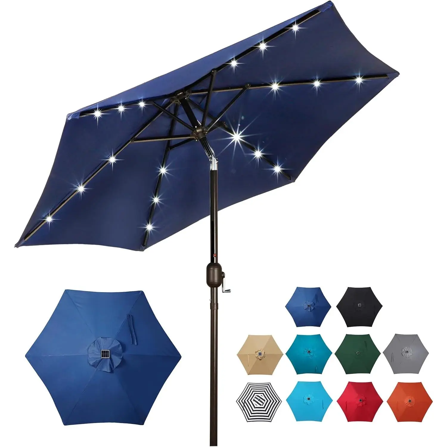 Garvee 9-Ft Polyester Solar-Powered Patio Sunshade Umbrella, 18 LED Illumination, 6 Powder-Coated Iron Ribs, Crank Mechanism, Air Vent, UV Protection for Patio Dining Table,summerwins