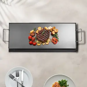 32x14 in Flat Top Griddle Carbon Steel Universal BBQ Grill Pan Cookware with X-Shaped Reinforcement Grease Trough Drip Hole Large Cooking Area Easy to Clean & Maintain