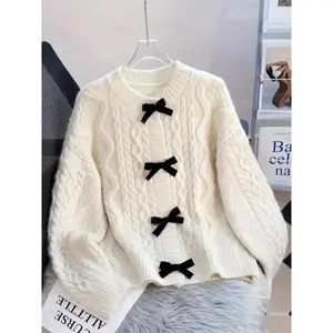 Elegant Women’s Knitted Pullover Sweater, Crew Neck Long Sleeve Jumper, Butterfly Knot Design, Perfect for Autumn & Winter