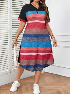 Plus Size Multicolor Striped Dress | Button Front Cuff Decorated Summer Chic
