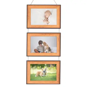 REGALWOVEN Hanging Collage Photo Frames Wall Decor, Family Picture Frame with Rope 4x6 Inch Brown Three Horizontal