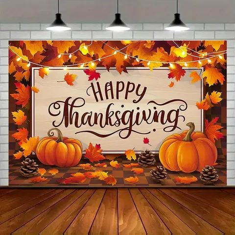 1pc Modern Farmhouse Thanksgiving Harvest Festival Amber Glow Polyester Party Banner - with Autumn Leaves, Pumpkins, Warm String Lights, Ornaments - Home & Party Decoration Supplies, Wall Decor Flags, Outdoor Decor